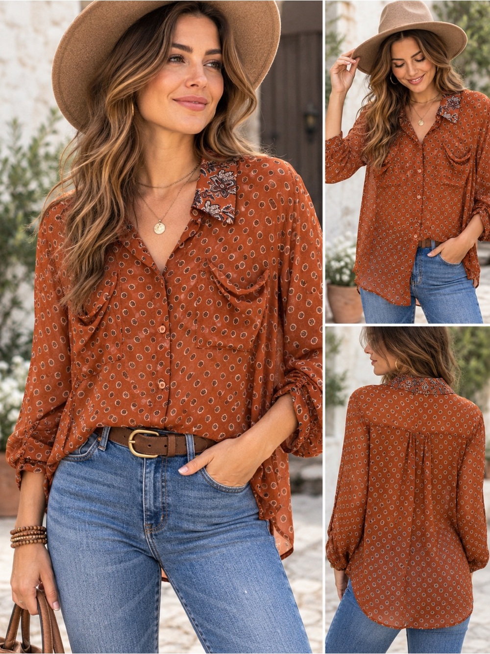 Free People Rust Printed Button-Front Blouse with Contrast Collar Boho Size M